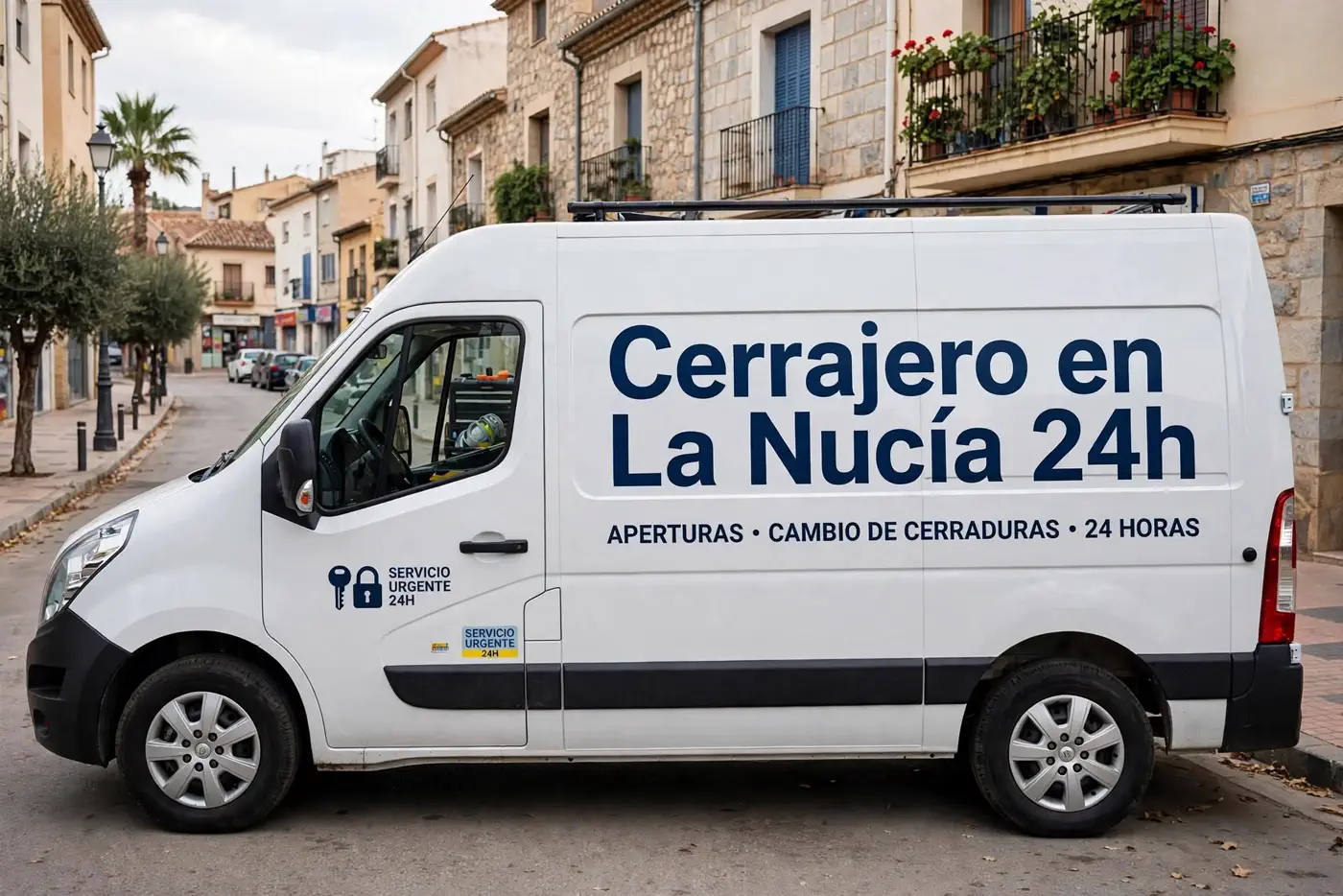 Furgoneta de Arko Cerrajeros rotulada «Cerrajero en La Nucía 24h» aparcada en una calle del municipio